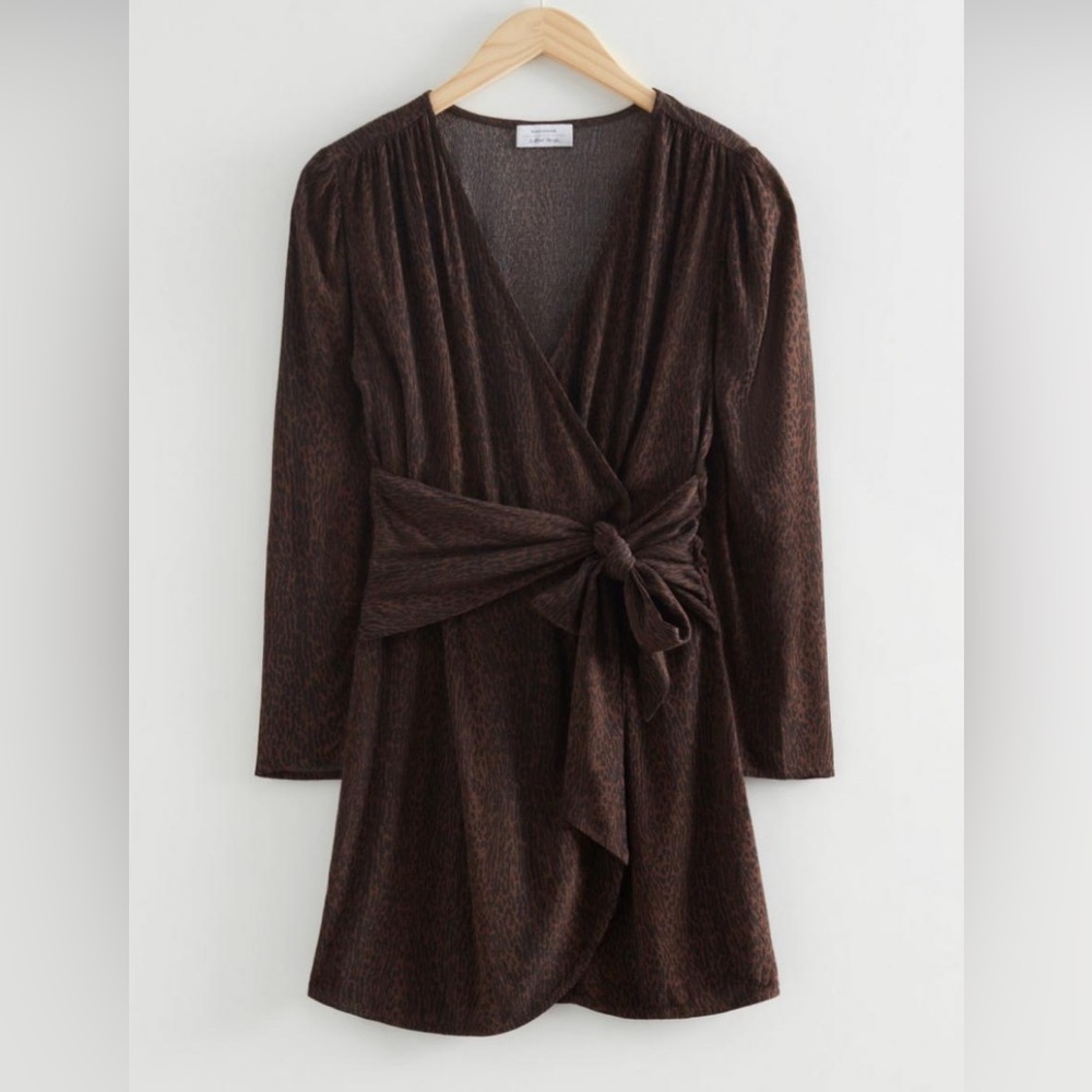& Other Stories Wrap Mini Dress Black/Brown Animal Print Size 8
